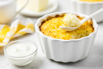 Millet rice casserole in baking dishes. Space for text.