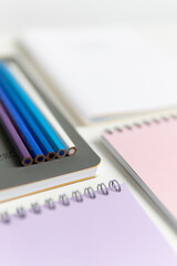 business composition with notebooks and pencils. composition for school. colored pencils on a notebook with springs. colors ascending. flat lay