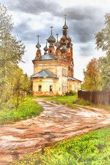 Russian orthodox church colorful painting, Kostroma region, Russia.