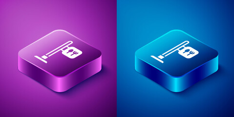 Isometric Cafe and restaurant location icon isolated on blue and purple background. Fork and spoon eatery sign inside pinpoint. Square button. Vector..