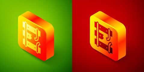 Isometric Broken or cracked rails on a railway icon isolated on green and red background. Square button. Vector.