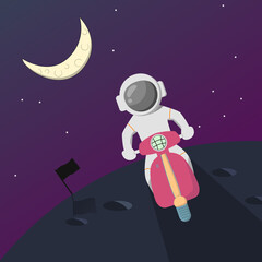 Fototapeta premium Cute astronaut driving motorcycle flat illustration