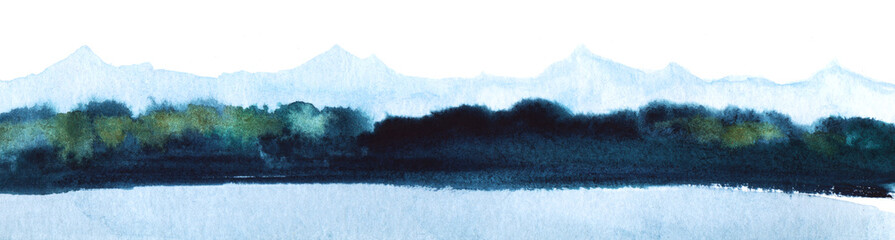 Abstract watercolor background. Low bottom template. Stripe of landscape with vague silhouettes of transparent blue mountains, blurry dark forest and lake on white background
