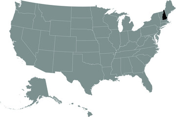 Fototapeta na wymiar Black location map of US federal state of New Hampshire inside gray map of the United States of America