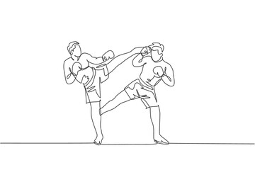 Fototapeta na wymiar One single line drawing of young energetic man kickboxer practice sparring combat with partner in boxing arena vector illustration. Healthy lifestyle sport concept. Modern continuous line draw design