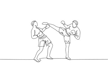Fototapeta na wymiar One single line drawing of young energetic man kickboxer practice sparring fight with partner in boxing arena vector illustration. Healthy lifestyle sport concept. Modern continuous line draw design