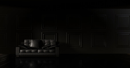 All black room with black leather sofa and black pillows, 3D illustration