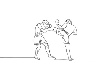 Single continuous line drawing of young sportive man kickboxer fight in sport arena for local championship title. Fight competition kickboxing sport concept. One line draw design vector illustration