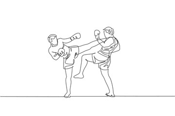 Fototapeta na wymiar One continuous line drawing of two young sporty men kickboxer athlete exercise for sparring fight at gym center. Combative kickboxing sport concept. Dynamic single line draw design vector illustration