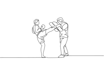 Single continuous line drawing of young sportive man kickboxer exercise with personal trainer and punch bag in sport hall. Fight kickboxing sport concept. One line draw design vector illustration