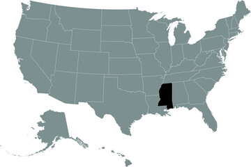 Black location map of US federal state of Mississippi inside gray map of the United States of America
