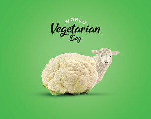 World Vegetarian Day concept Background. Vegetarian Day- Sheep with cauliflower concept. eat vegetable not meat for healthy life.