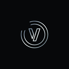 Elegant Design of V Alphabet . Silver Enclosure Logo Design For Letter V. Uppercase Letter V is Enclosed in Two Circle. Modern and Unique Logo Design For Letter V.