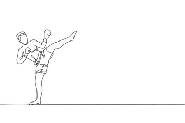 One single line drawing of young energetic man kickboxer practice high kick stance in boxing arena graphic vector illustration. Healthy lifestyle sport concept. Modern continuous line draw design