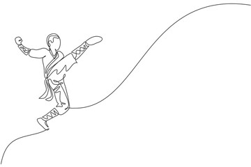 Single continuous line drawing young muscular shaolin monk man train jumping kick at shaolin temple. Traditional Chinese kung fu fight concept. Trendy one line draw graphic design vector illustration