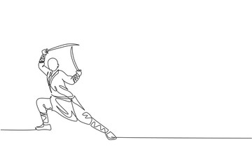 One continuous line drawing of young shaolin monk man practice kung fu with swords at temple ground . Traditional Chinese combative sport concept. Dynamic single line draw design vector illustration