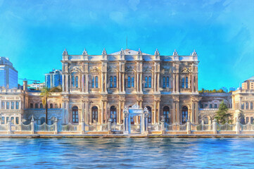 Obraz premium Dolmabahce Palace colorful painting, 1856, Bosphorus Istanbul Turkey.