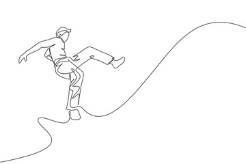 One single line drawing of young energetic man capoeira dancer perform jump dancing fight vector illustration. Traditional martial art lifestyle sport concept. Modern continuous line draw design