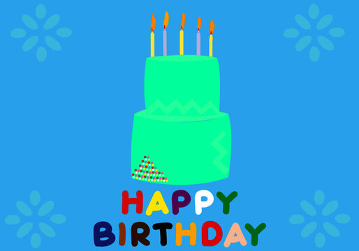 
blue background and cake with happy birthday wishes