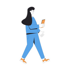 Teenage girl with phone. Young woman in casual clothes walking and using her mobile isolated on a white background. Person holding a smartphone. Vector line art illustration.