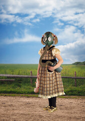 A child in a gas mask in the middle of nature