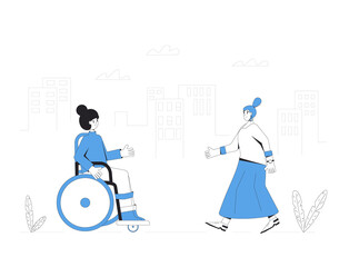 Young woman with disabilities meeting with her friend. Female character in wheelchair talking with adult womwn. Adult persons walking around a city. Vector flat illustration.