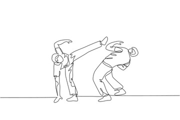 Single continuous line drawing of two young sportive men practice Brazilian capoeira move dance at outdoor street. Culture martial art sport concept. Trendy one line draw design vector illustration