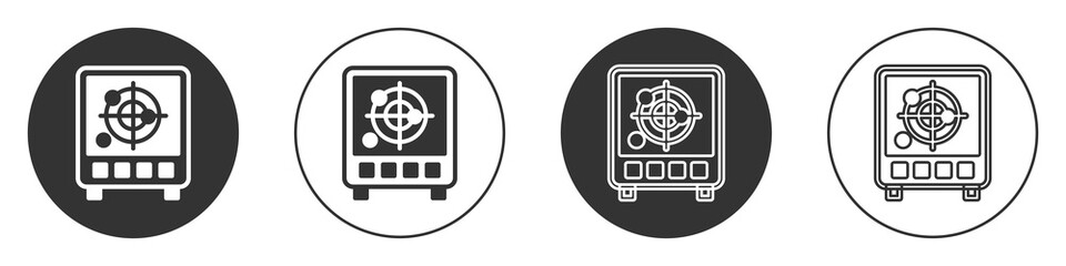 Black Radar with targets on monitor in searching icon isolated on white background. Search system. Navy sonar. Circle button. Vector.