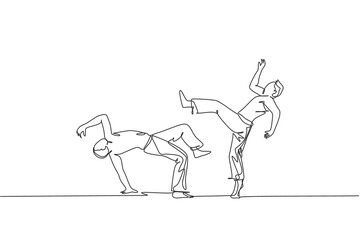 Fototapeta premium Single continuous line drawing of two young sportive men practice Brazilian capoeira move dance at outdoor street. Culture martial art sport concept. Trendy one line draw design vector illustration
