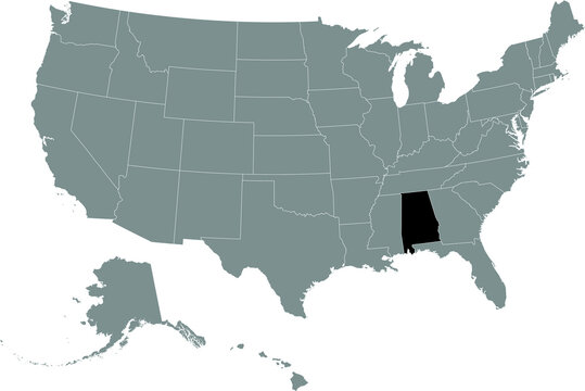 Black location map of US federal state of Alabama inside gray map of the United States of America
