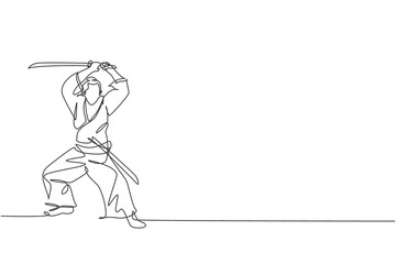 Single continuous line drawing of young strong samurai warrior wearing traditional uniform holding sword at festival. Ancient fighter soldier concept. Trendy one line draw design vector illustration