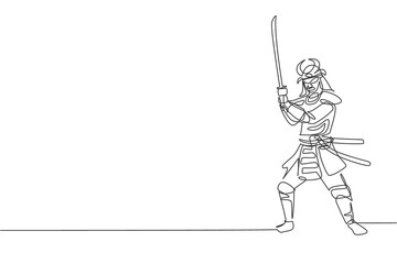 One continuous line drawing of young bravery samurai shogun wearing mask ready to attack at training session. Martial art combative sport concept. Dynamic single line draw design vector illustration