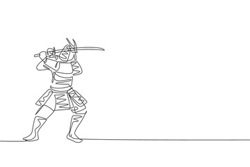 Single continuous line drawing of young strong samurai shogun wearing traditional uniform holding sword at festival. Ancient fighter soldier concept. Trendy one line draw design vector illustration