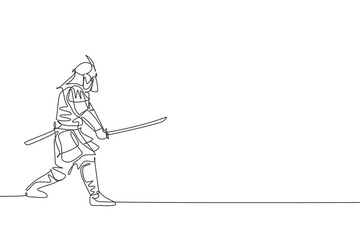 One single line drawing of young Japanese samurai warrior holding katana sword practicing at dojo center vector illustration graphic. Combative martial art concept. Modern continuous line draw design