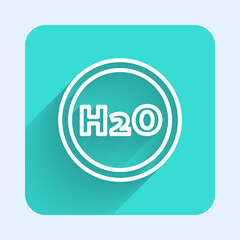 White line Chemical formula for water drops H2O shaped icon isolated with long shadow. Green square button. Vector Illustration.
