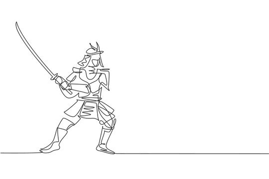 recommend clip art: Single continuous line drawing of young strong samurai shogun wearing traditional uniform holding sword at festival. Ancient fighter soldier concept. Trendy one line draw design vector illustration