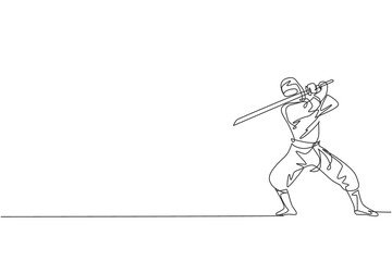 One continuous line drawing of young brave Japanese ninja character on black costume with attacking position. Martial art fighting concept. Dynamic single line draw design vector graphic illustration
