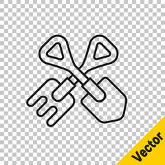 Black line Shovel and rake icon isolated on transparent background. Tool for horticulture, agriculture, gardening, farming. Ground cultivator. Vector Illustration.