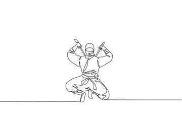 Single continuous line drawing of young Japanese culture ninja warrior on mask costume with attacking stance pose. Martial art fighting samurai concept. Trendy one line draw design vector illustration © Simple Line