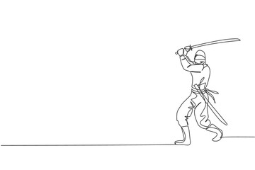 One single line drawing of young energetic Japanese traditional ninja holding samurai sword on attack pose vector illustration. Combative martial art sport concept. Modern continuous line draw design © Simple Line