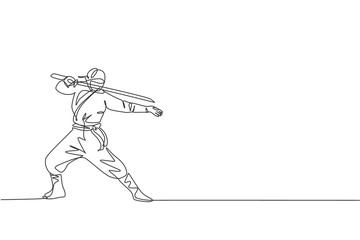 Single continuous line drawing of young Japanese culture ninja warrior on mask costume with attacking stance pose. Martial art fighting samurai concept. Trendy one line draw design vector illustration