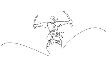 Single continuous line drawing of young Japanese culture ninja warrior on mask costume with jumping attack pose. Martial art fighting samurai concept. Trendy one line draw design vector illustration © Simple Line