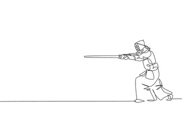 Single continuous line drawing of young sportive man practicing kendo attack with sword martial art skill on gym sport center. Fighting sport concept. Trendy one line draw design vector illustration