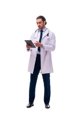 Young male doctor isolated on white