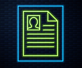 Glowing neon line Resume icon isolated on brick wall background. CV application. Searching professional staff. Analyzing personnel resume. Vector Illustration.