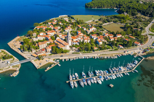Aerial view of historic town of Osor between islands Cres and Losinj, Croatia