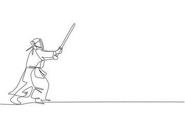 Single continuous line drawing of young sportive man practicing kendo attack martial art skill on gym sport center. Fighting sport concept. Trendy one line draw graphic design vector illustration