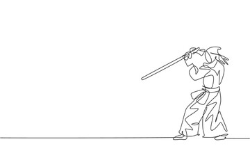 One single line drawing young energetic man exercise defense kendo move with wooden sword at gym center graphic vector illustration. Combative fight sport concept. Modern continuous line draw design