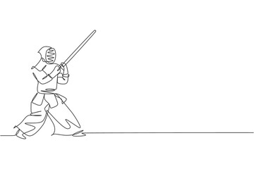 One continuous line drawing young sporty man training kendo defense move skill in dojo center. Healthy fighting martial art sport concept. Dynamic single line draw design vector illustration