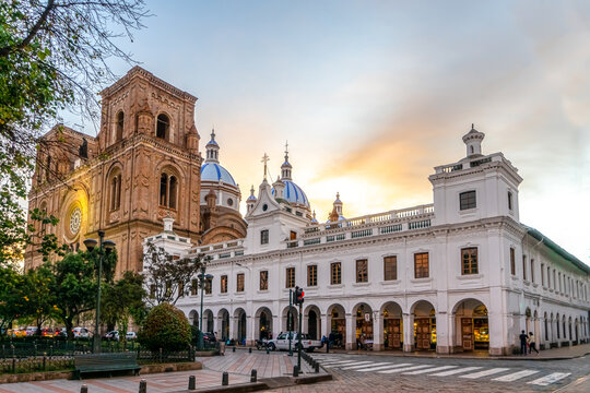 Ecuador in the city of Cuenca. On the Plaza Central, in the background  the new Cathedral. 
